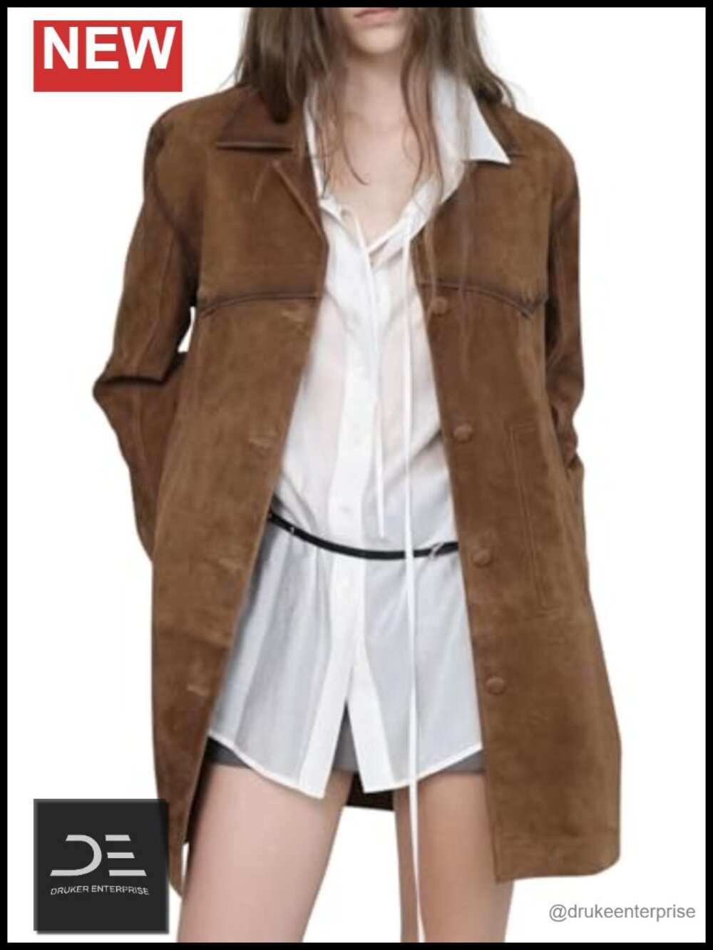 Faux Suede Leather Shacket Mid Long Jacket Coat